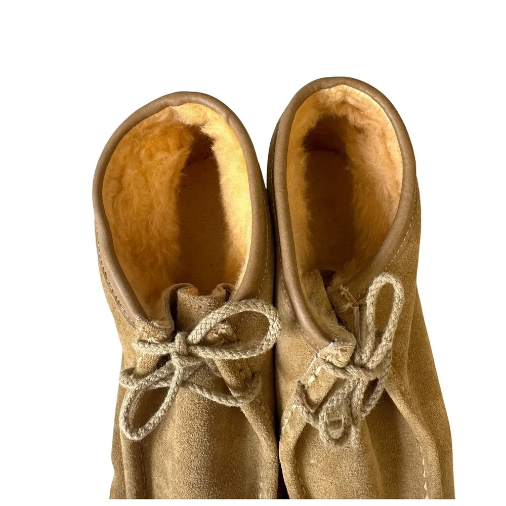 Vintage 70s Tan Suede Chukka Boots Shearling Lined Moc Toe Lace Up Mens Shoes JS